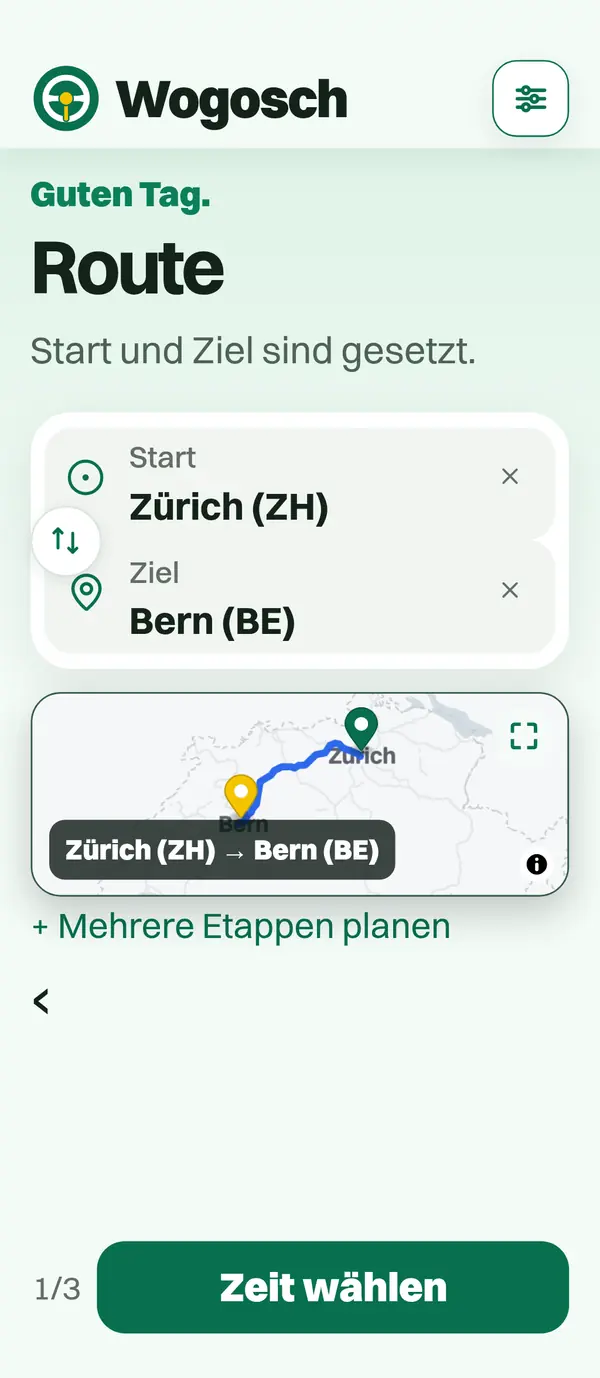 Wogosch: Start Zürich, Ziel Bern, die Strecke auf der Karte.