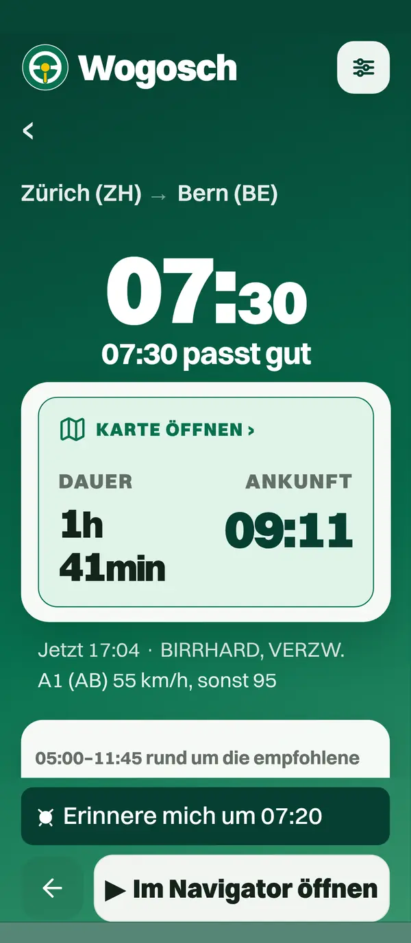 Die Prognose in Wogosch für Zürich → Bern: Abfahrt um 07:30, Ankunft um 09:11.